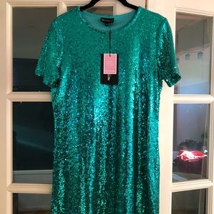 PrettyLittleThing Green Sequin Short Sleeve Dress